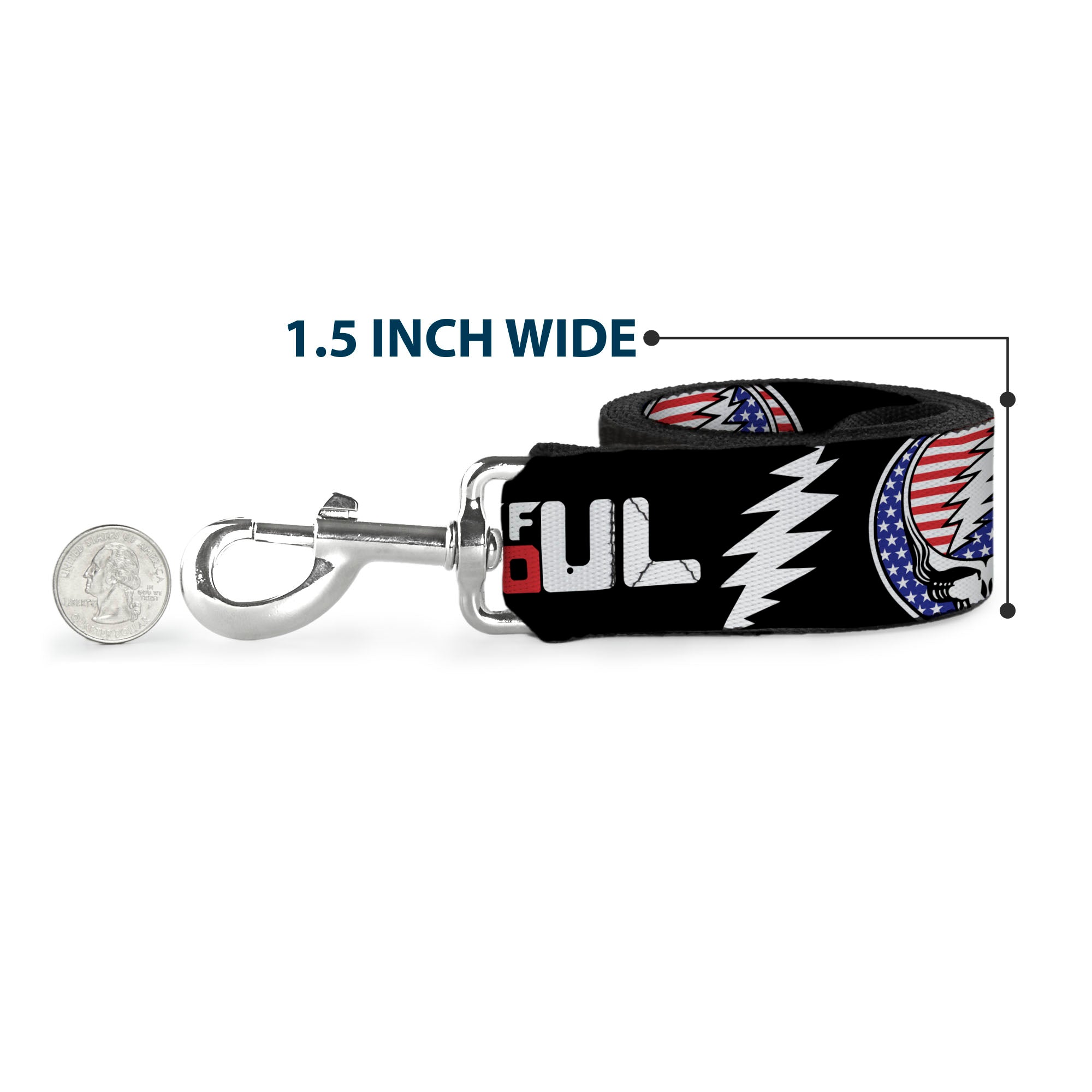 Dog Leash - GRATEFUL DEAD Text with Steal Your Face Stars and Stripes Logo Black/White/Red/Blue