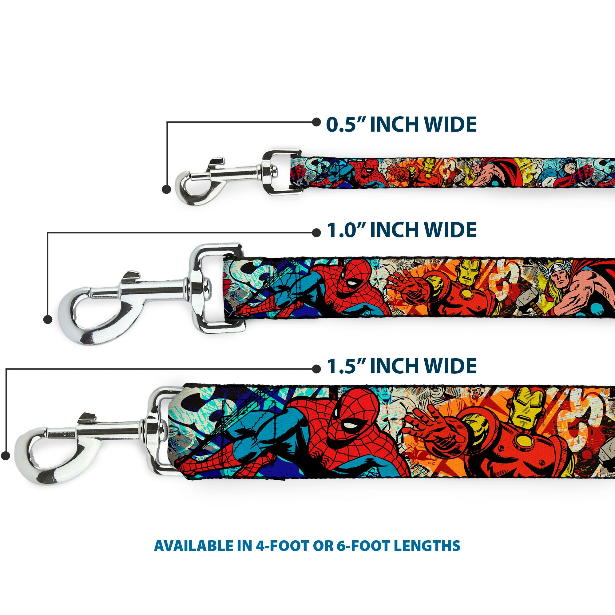Dog Leash - 4-Superhero Action Poses/Comic Scenes White/Black/Full Color Splatter