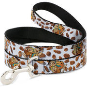 Dog Leash - Cocoa Pebbles Fred Flintstone and Barney Rubble Hugging Pose and Cereal Pebbles Scattered White/Browns