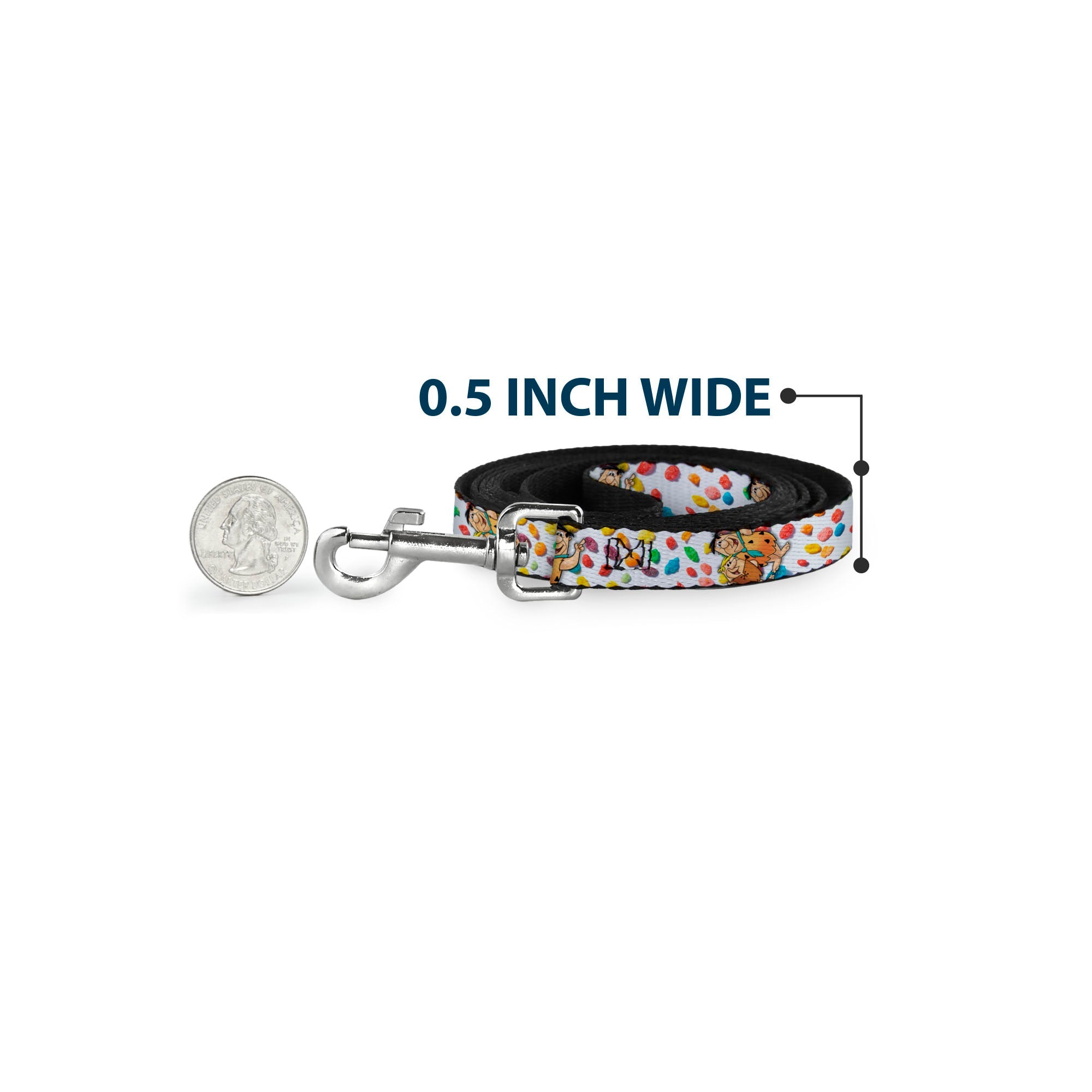 Dog Leash - Fruity Pebbles Fred Flintstone and Barney Rubble Hugging Pose and Cereal Pebbles Scattered White/Multi Color