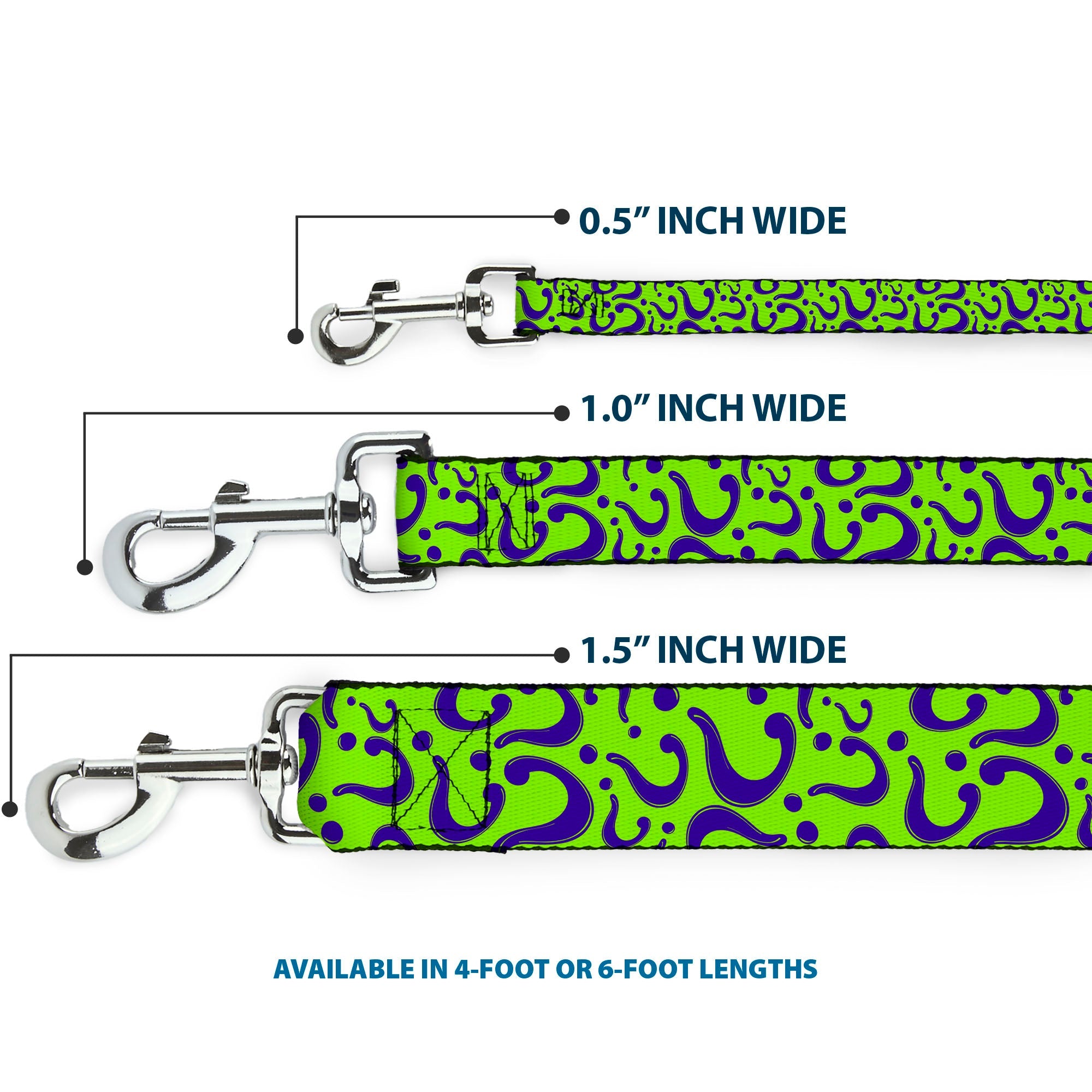 Southlake Paws Dog Leash in lime green with purple question marks, available in 0.5", 1.0", and 1.5" widths.