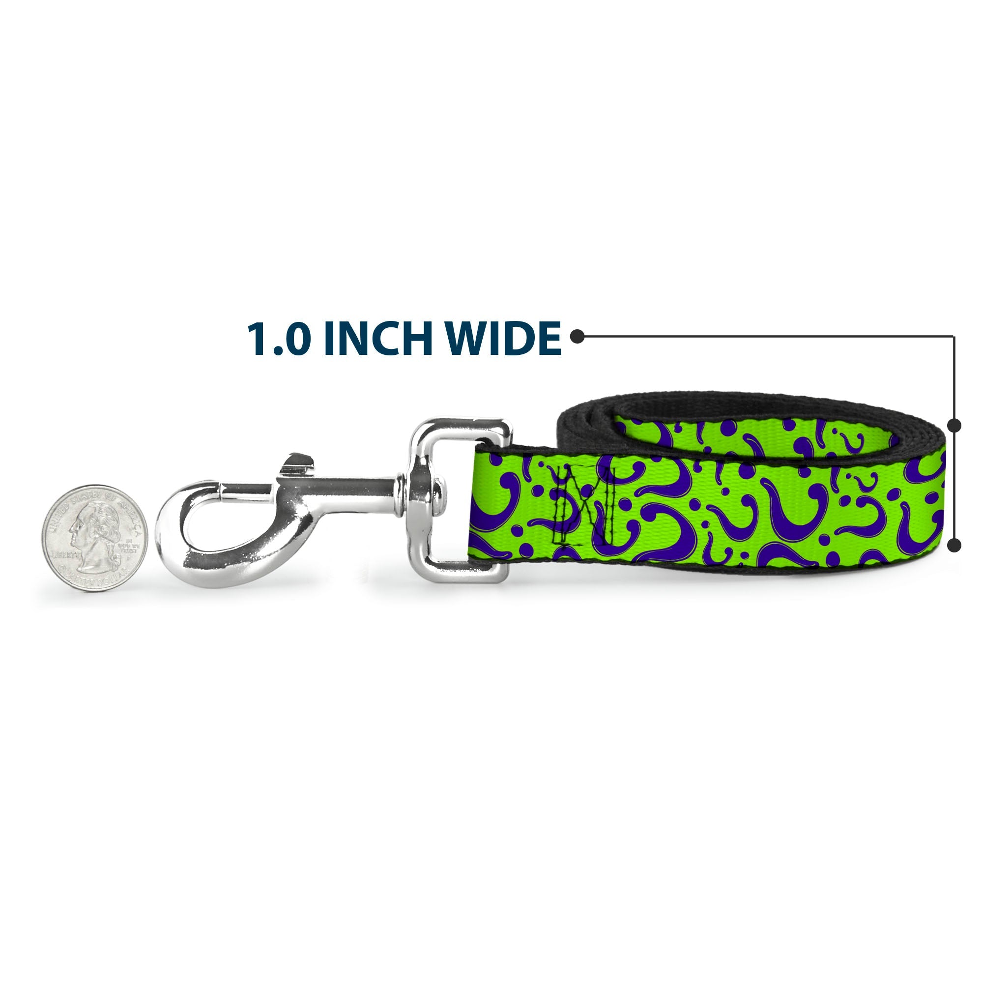 Southlake Paws dog leash in lime green and purple with a question mark pattern, 1 inch wide, shown next to a quarter for scal