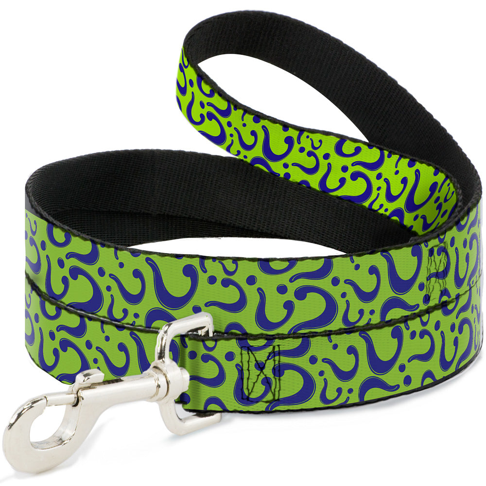 Southlake Paws dog leash featuring a lime green and purple question mark pattern, with a sturdy metal clip.