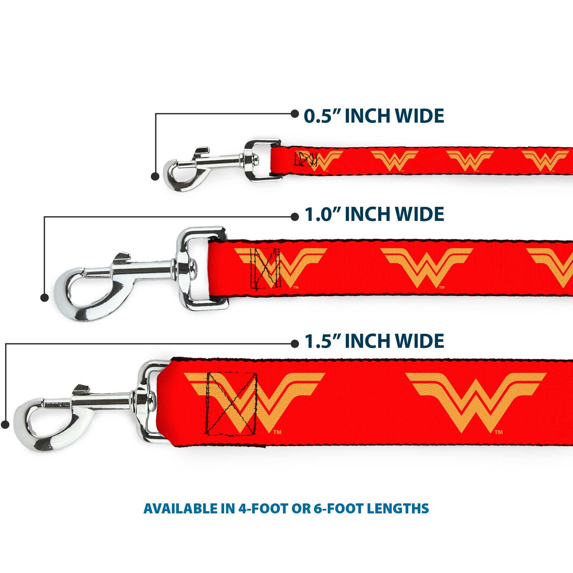 Southlake Paws dog leash featuring a red background with the Wonder Woman logo in yellow, available in various widths and len