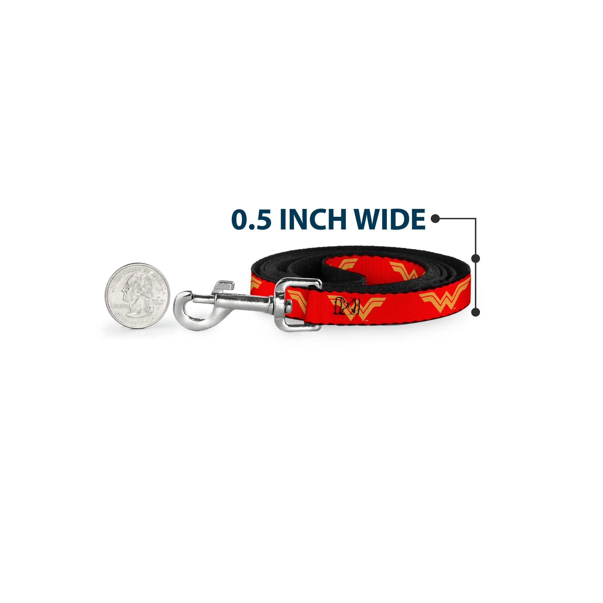 Southlake Paws dog leash featuring DC League of Super-Pets Wonder Woman logo in red and yellow, 0.5 inches wide.