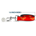 Load image into Gallery viewer, Southlake Paws dog leash featuring the DC League of Super-Pets Wonder Woman logo in red and yellow, 1 inch wide.
