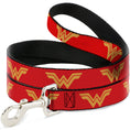 Load image into Gallery viewer, Red dog leash featuring the Wonder Woman logo in yellow, designed by Southlake Paws, perfect for pet fans.
