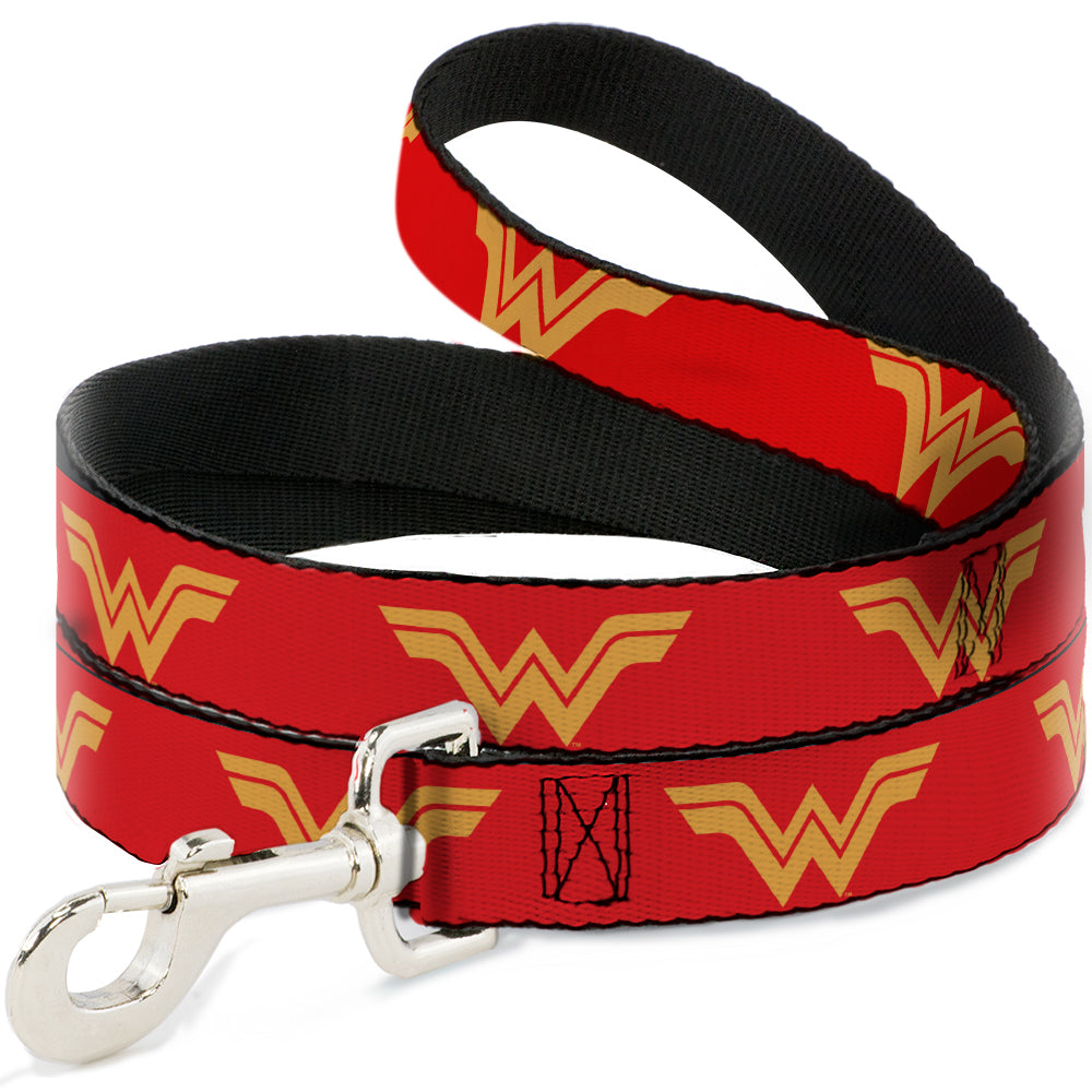 Red dog leash featuring the Wonder Woman logo in yellow, designed by Southlake Paws, perfect for pet fans.