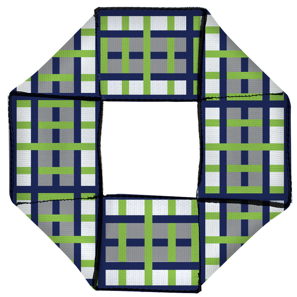 Dog Toy Squeaky Octagon Flyer - Basketweave Plaid White/Silver/Navy/Bright Green