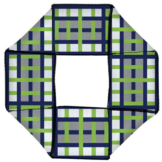 Dog Toy Squeaky Octagon Flyer - Basketweave Plaid White/Silver/Navy/Bright Green