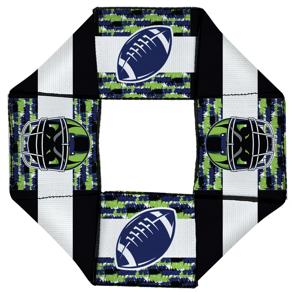 Dog Toy Squeaky Octagon Flyer - Football + Helmet/Scribble Stripe Black/White/Neon Green/Blue