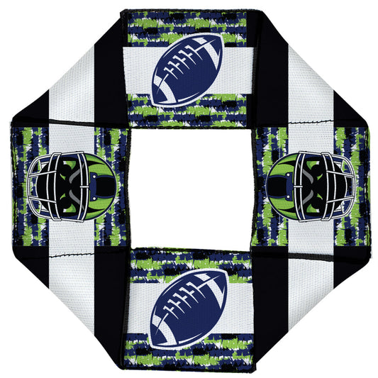 Dog Toy Squeaky Octagon Flyer - Football + Helmet/Scribble Stripe Black/White/Neon Green/Blue
