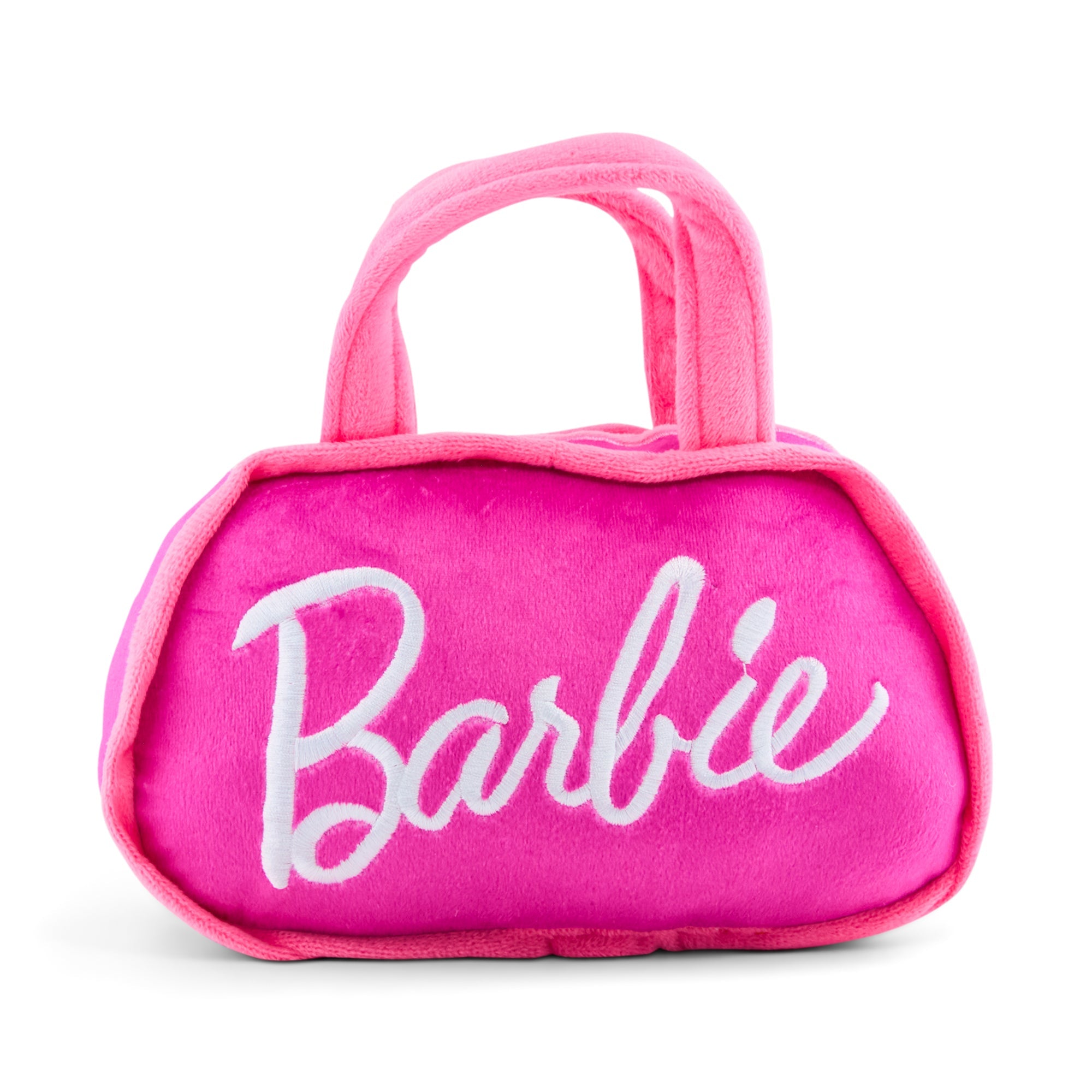Dog Toy Squeaker Plush - Barbie Silhouette and Autograph Script Handbag Replica Pink/White