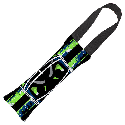 Dog Toy Squeaky Tug Toy - Football Helmet CLOSE-UP/Scribble Stripe Black/Neon Green/Blue/White - NAVY Handle Webbing