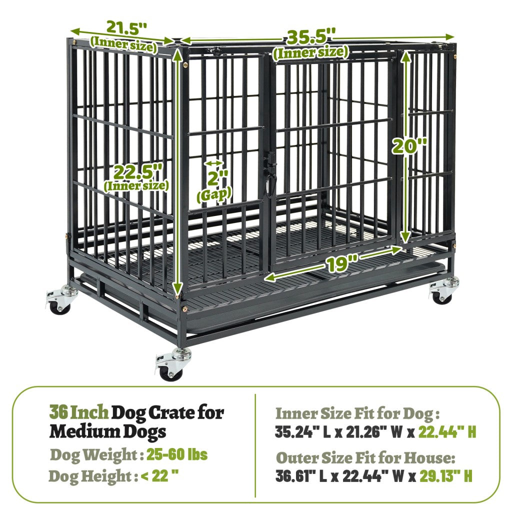Heavy-duty 37" stackable dog kennel with metal frame, wheels, and spacious interior for medium dogs. Dimensions included.