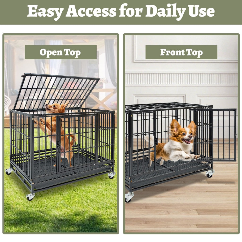 Heavy-duty 37" stackable dog kennel with open top and front access, featuring two dogs inside, on wheels for mobility.