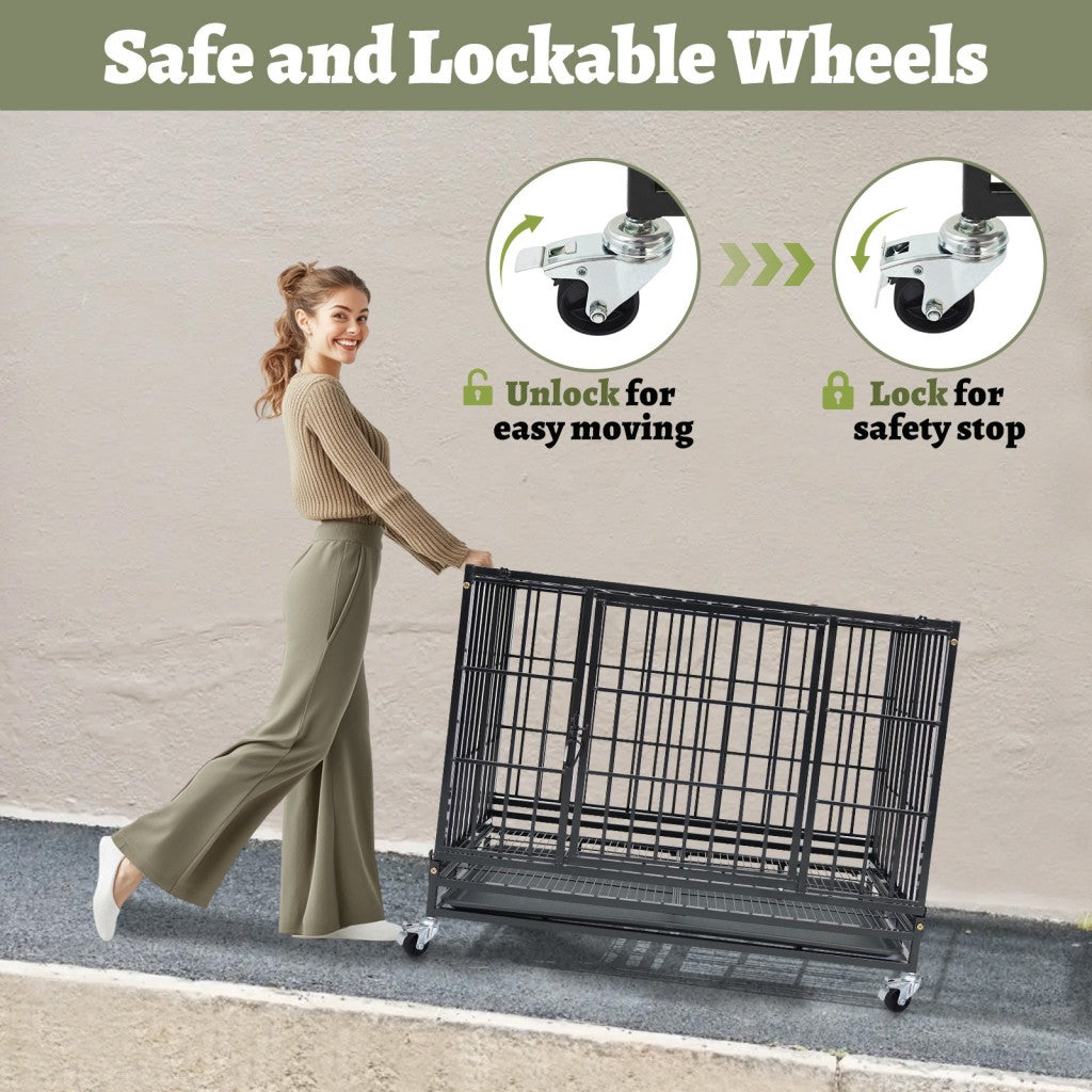 37" Stackable Heavy Duty Dog Kennel with safe, lockable wheels for easy mobility and secure positioning.