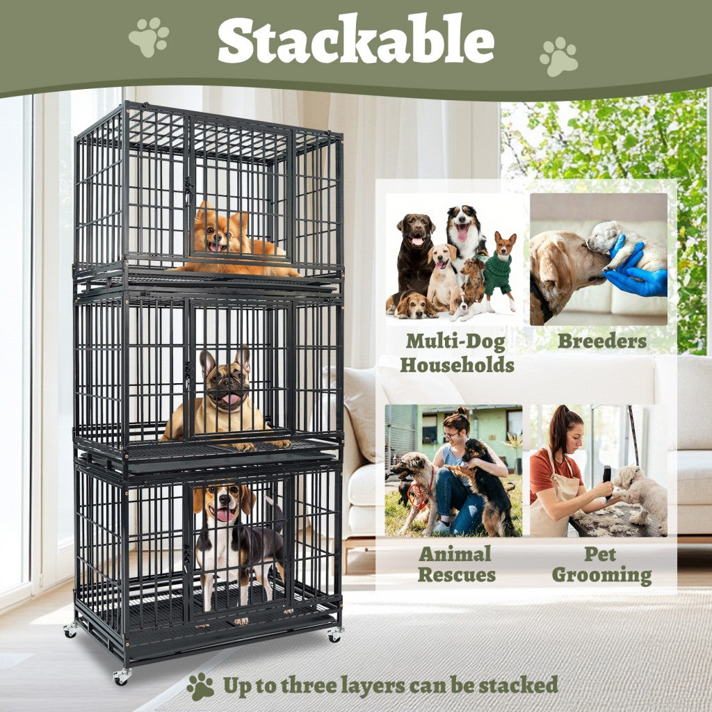 37" Stackable Heavy Duty Dog Kennel 371D04 with three stacked layers, featuring dogs inside and around the kennels.