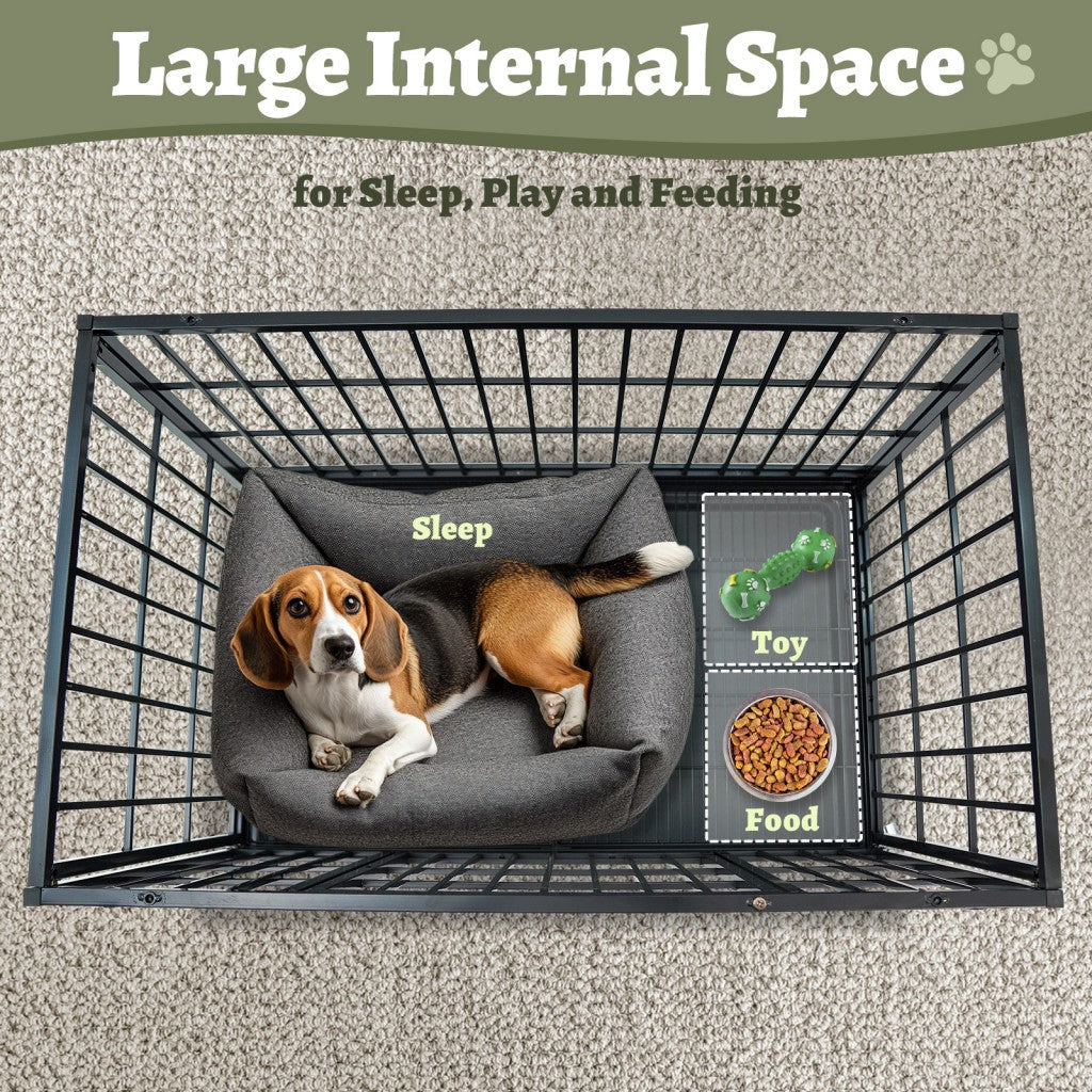 Heavy-duty 37" stackable dog kennel with large internal space, featuring a dog bed, toy, and food bowl. Ideal for sleep and p