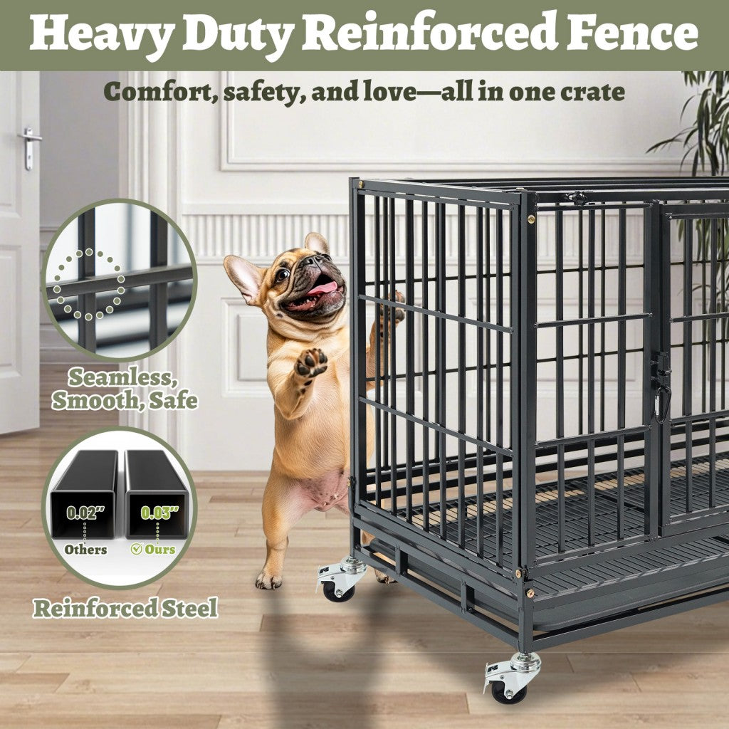 Heavy duty 37" stackable dog kennel with reinforced steel, seamless design, and wheels for easy mobility. Ideal for pet safet
