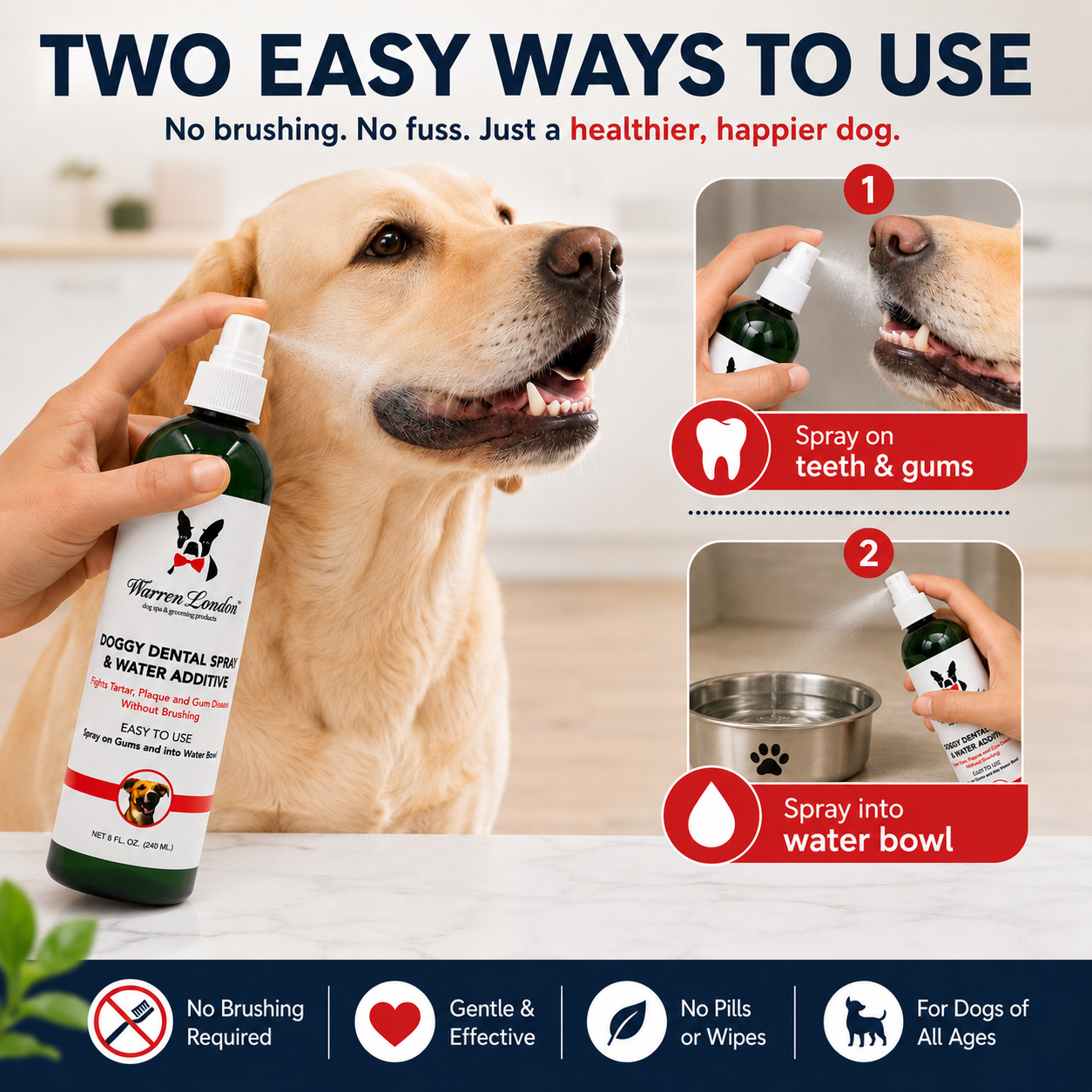 Southlake Paws Doggy Dental Spray & Water Additive, featuring a dog and instructions for use on teeth and in water.