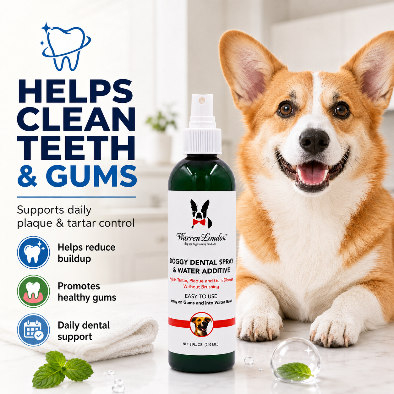 Southlake Paws Doggy Dental Spray & Water Additive in a spray bottle, with a happy corgi and text highlighting dental benefit