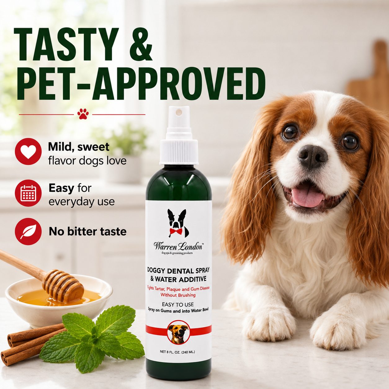 Southlake Paws Doggy Dental Spray & Water Additive in a spray bottle, with a dog and honey in the background, promoting denta