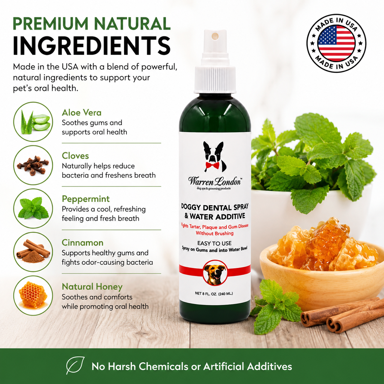 Southlake Paws Doggy Dental Spray & Water Additive in a spray bottle with natural ingredients like aloe vera, honey, and pepp