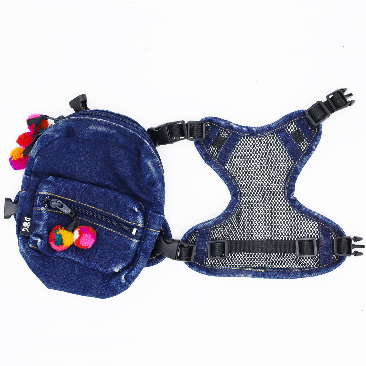Doggie Denim Backpack Harness Vest - Chihuahua Patches back view