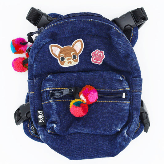 Doggie Denim Backpack Harness Vest - Chihuahua Patches back view