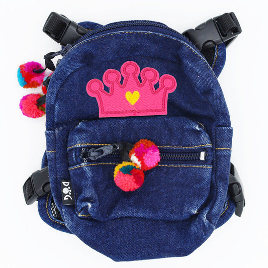 Doggie Denim Backpack Harness Vest - Crown Patches back view
