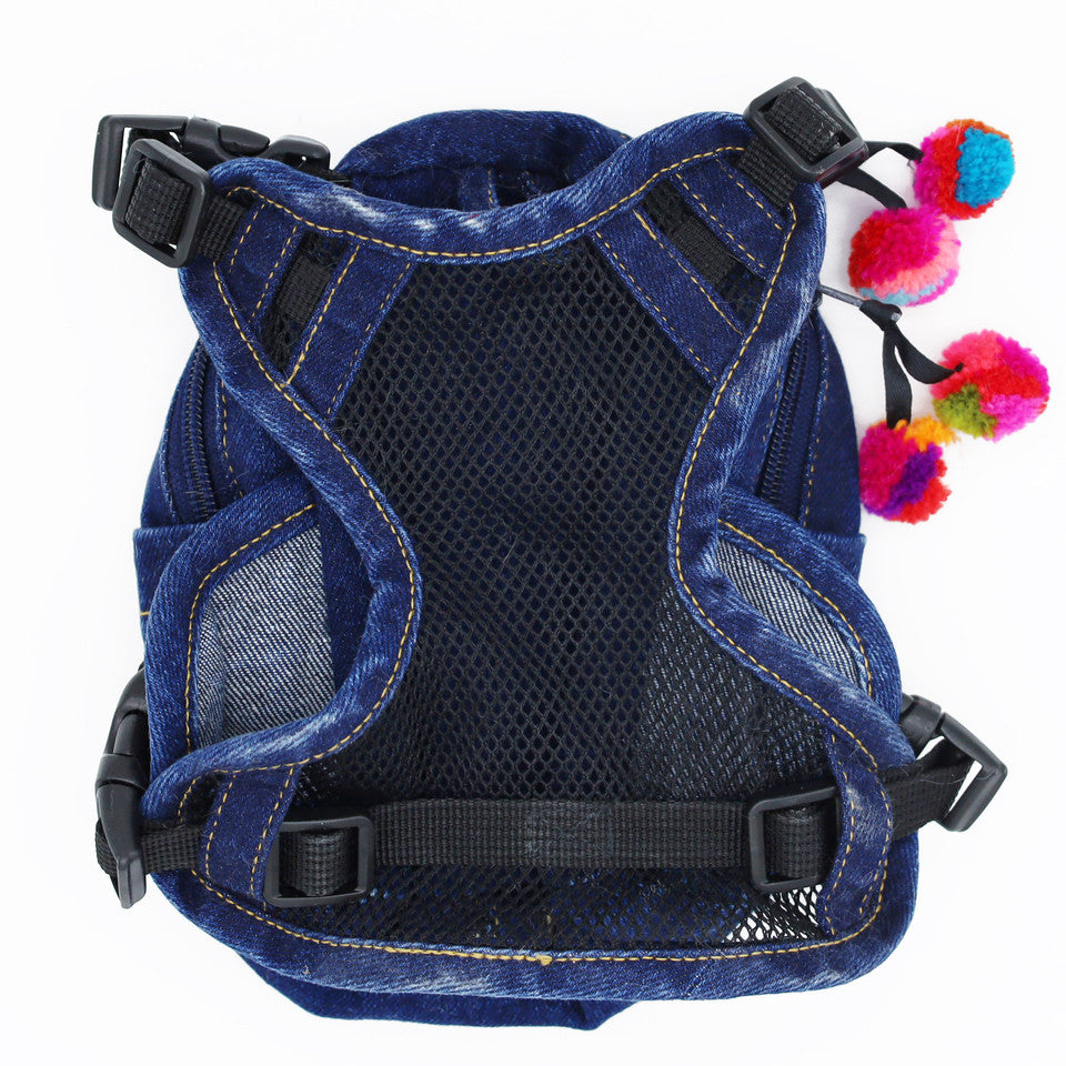 Doggie Denim Backpack Harness Vest - DOG Patches back view