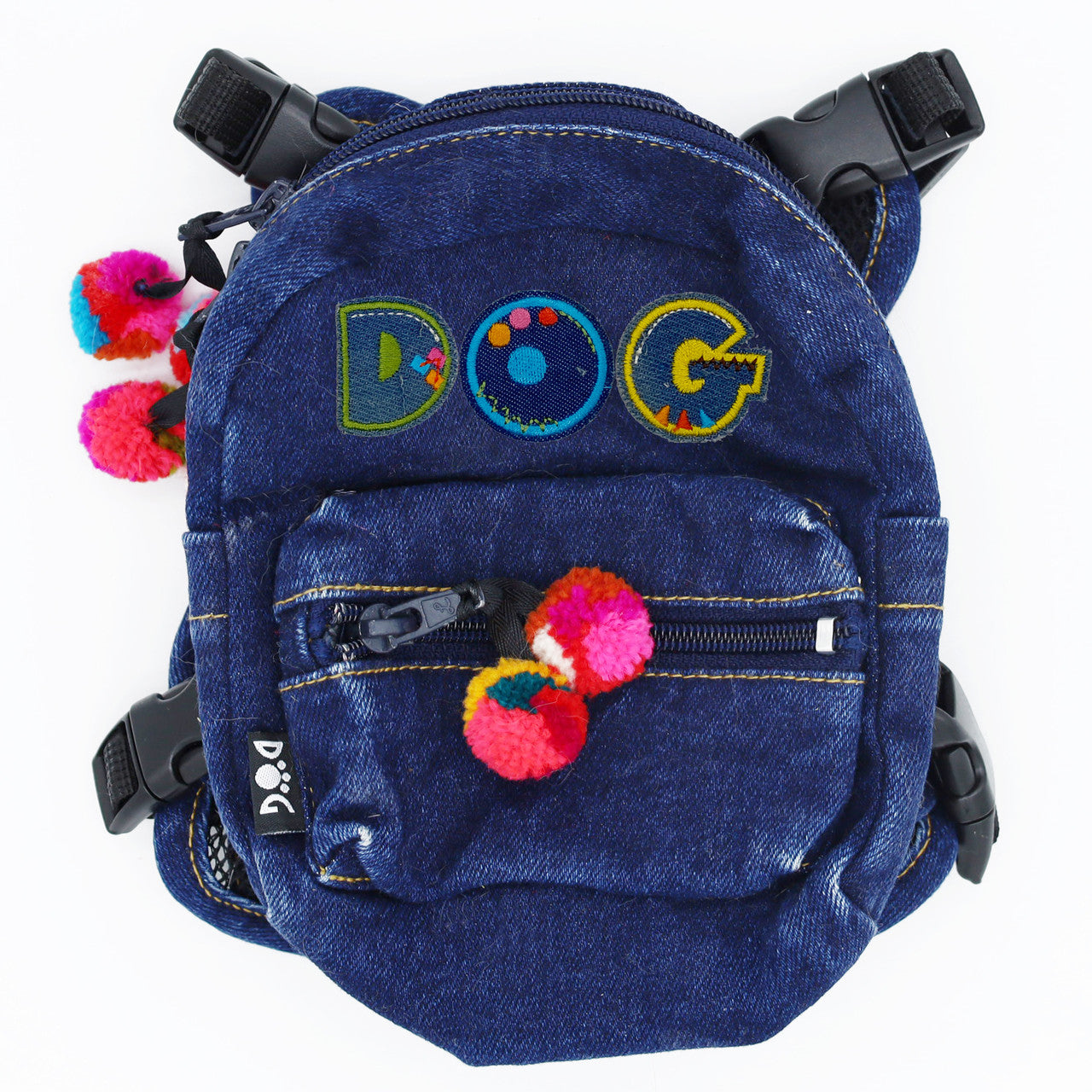 Doggie Denim Backpack Harness Vest - DOG Patches back view