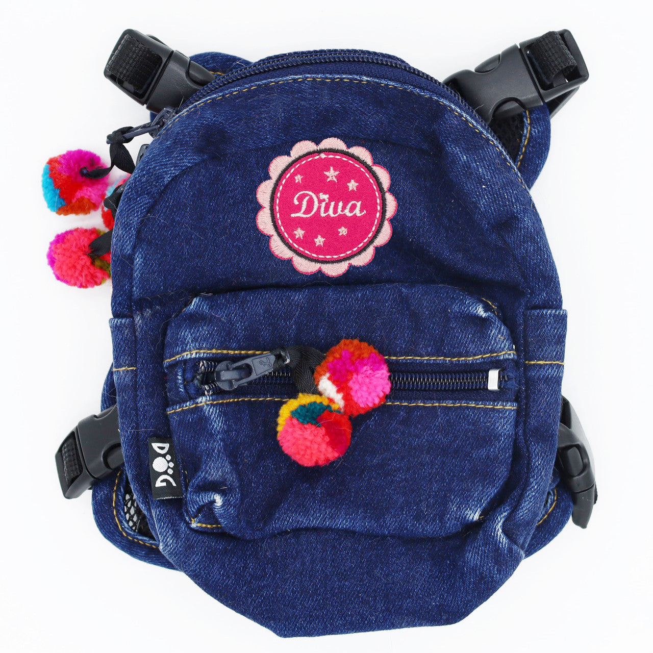 Doggie Denim Backpack Harness Vest - Diva Patches back view
