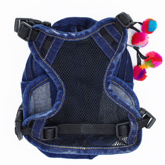 Doggie Denim Backpack Harness Vest - Football Patches back view