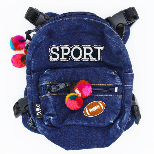 Doggie Denim Backpack Harness Vest - Football Patches back view