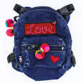 Load image into Gallery viewer, Doggie Denim Backpack Harness Vest - Love Patches back view
