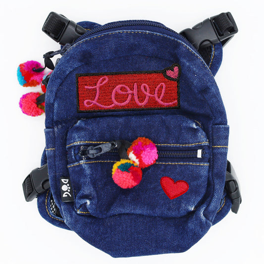 Doggie Denim Backpack Harness Vest - Love Patches back view