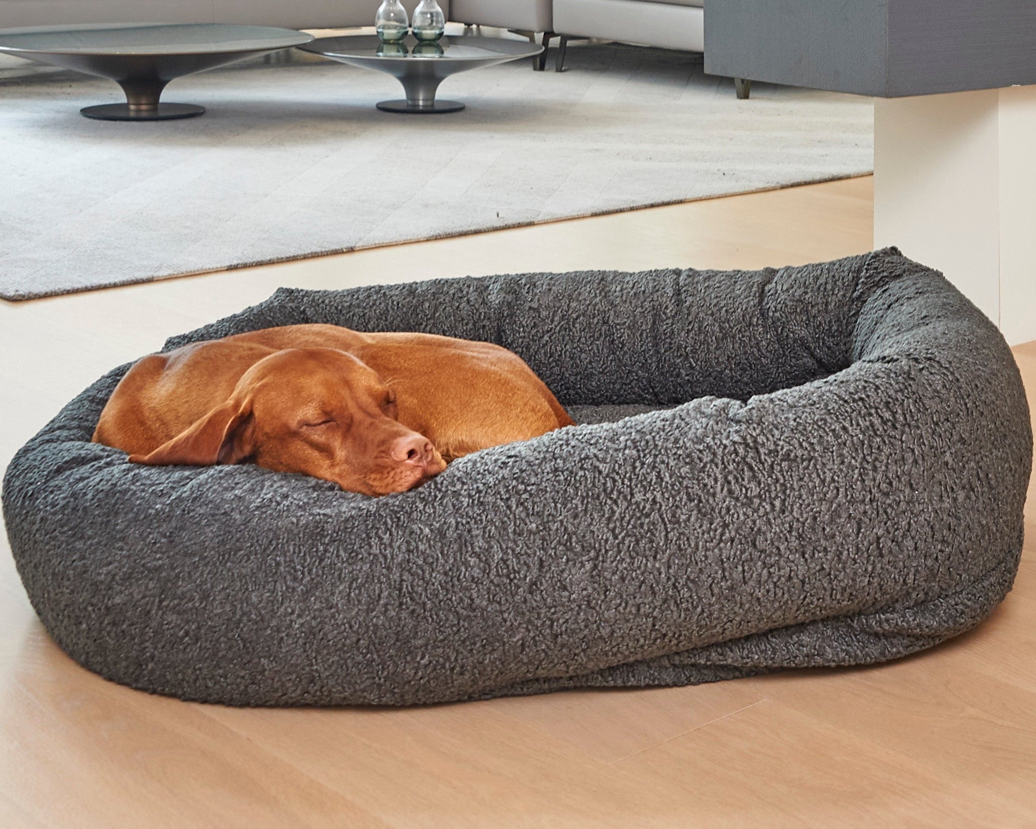 Bowsers Soft Textures Calming Donut Dog Bed in grey-sheepskin