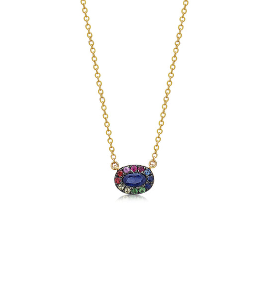 OLIVE & CHAIN Sapphire and Rainbow Halo Necklace - Yellow Gold
