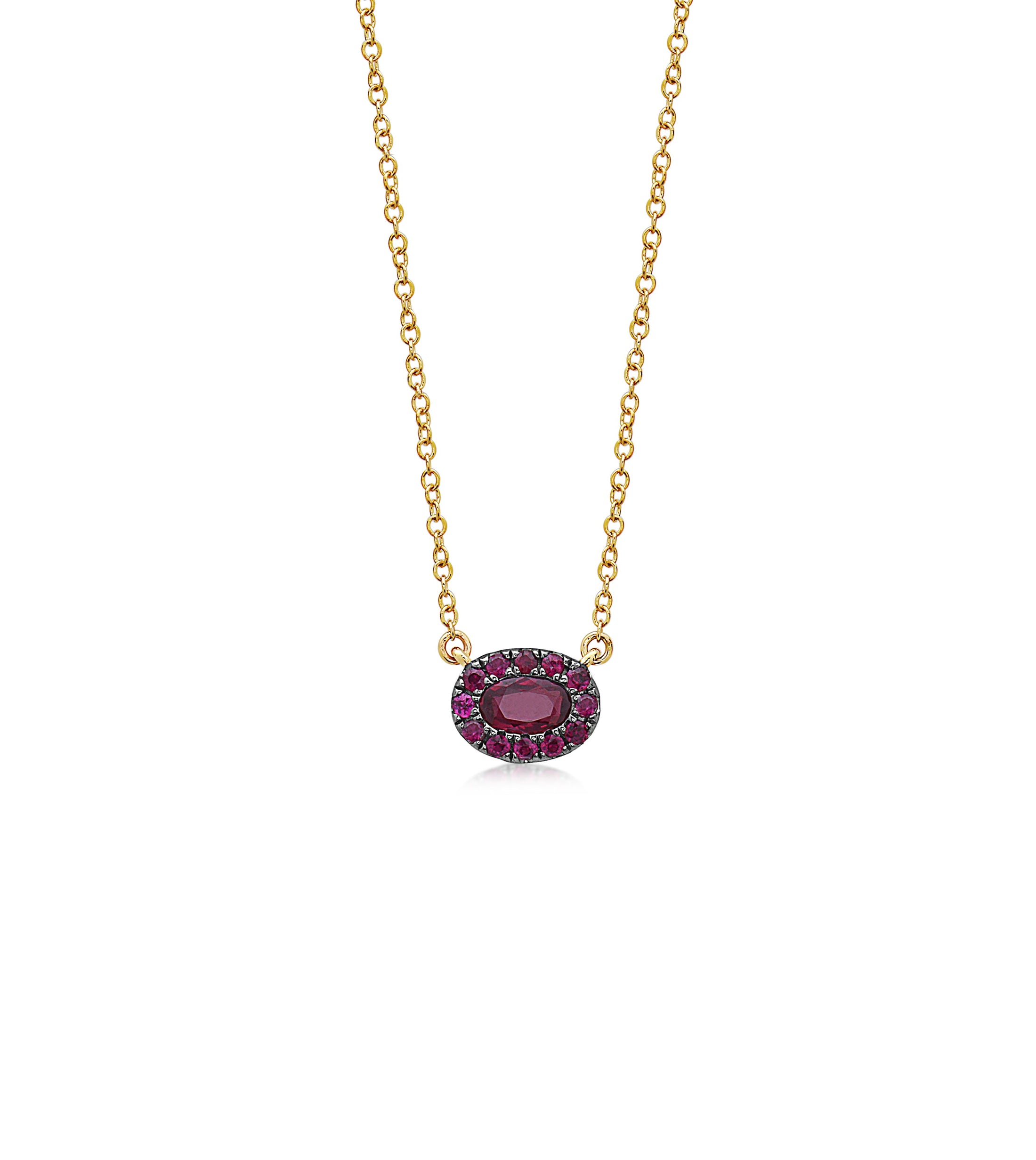 OLIVE & CHAIN Ruby Oval Halo Necklace - Yellow Gold