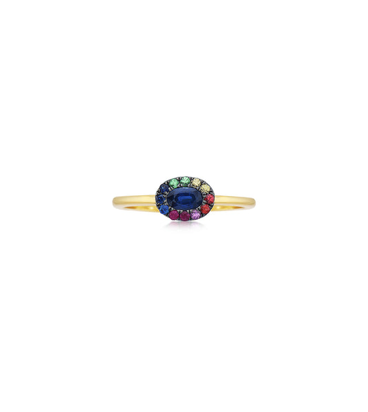OLIVE & CHAIN Sapphire and Rainbow Halo Ring - Yellow Gold, 5.0