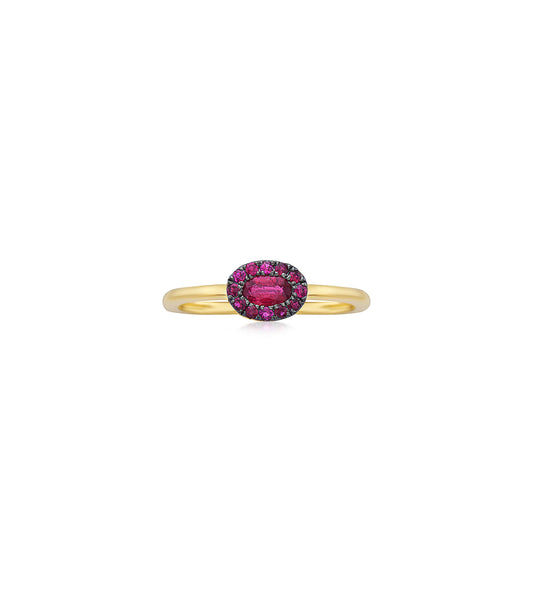 OLIVE & CHAIN Ruby Oval Halo Ring - Yellow Gold, 5.0