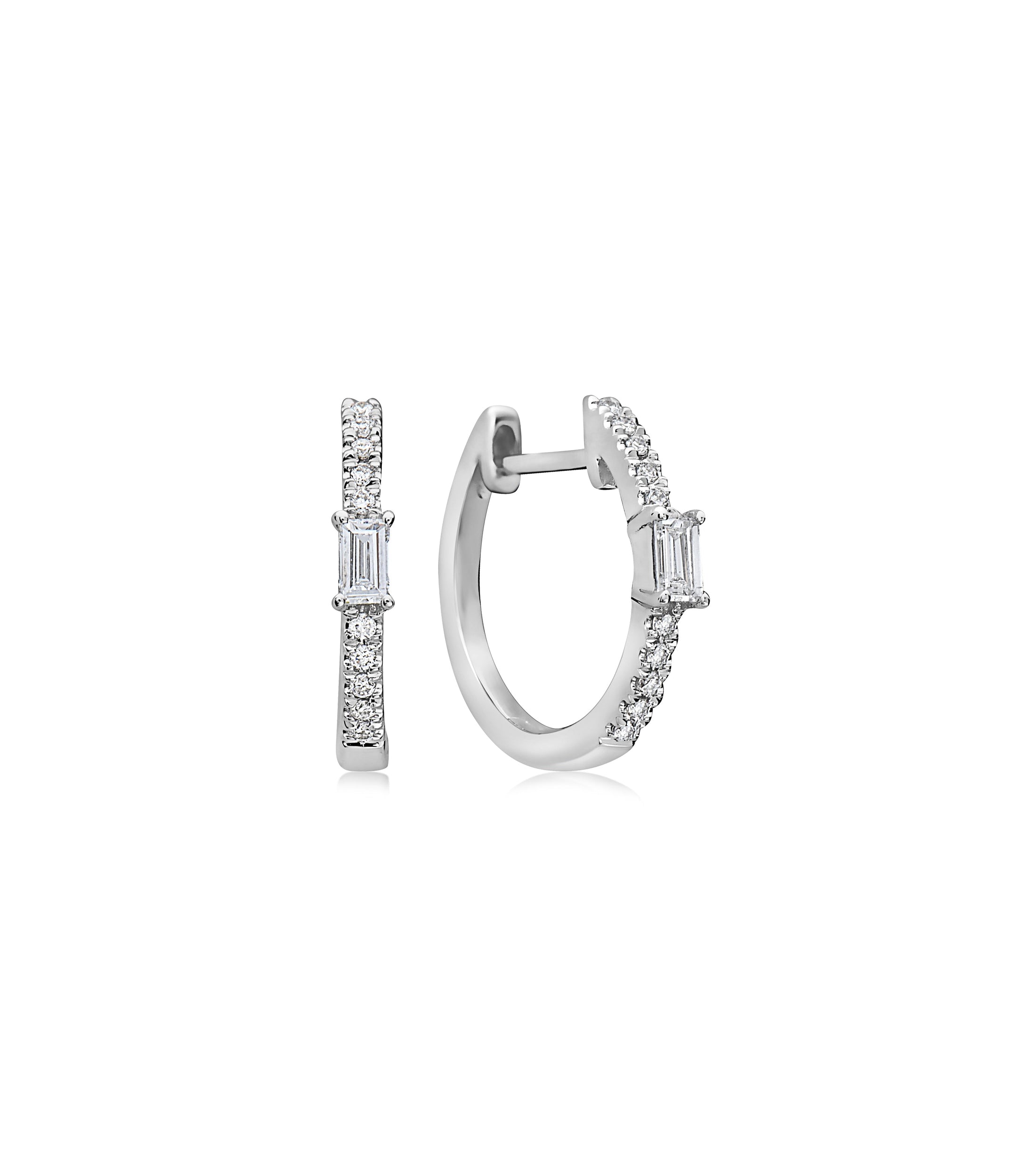 OLIVE & CHAIN Diamond Baguette Huggie Earrings - White Gold