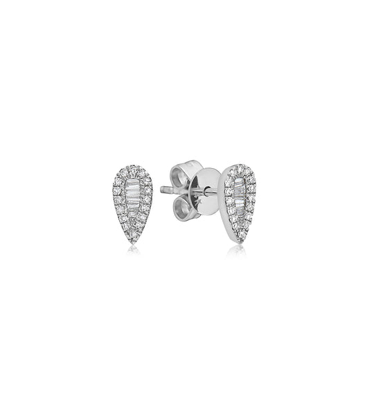 OLIVE & CHAIN Diamond Baguette and Halo Pear Stud Earring - White Gold