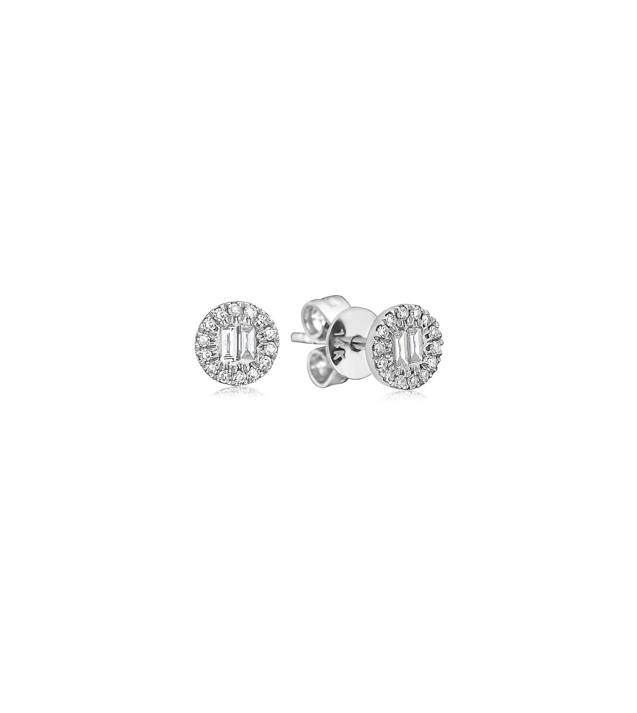 OLIVE & CHAIN Diamond Baguette and Halo Round Stud Earrings - White Gold