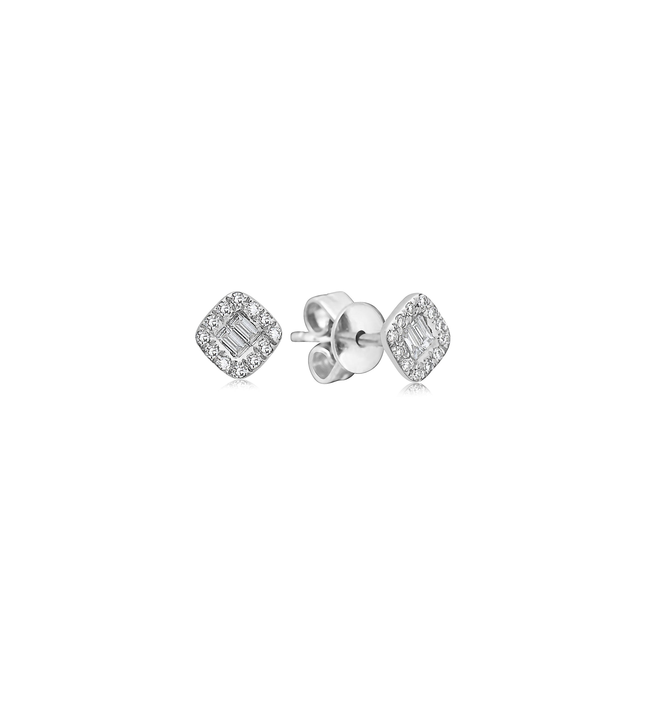OLIVE & CHAIN Diamond Baguette and Halo Square Stud Earring - White Gold
