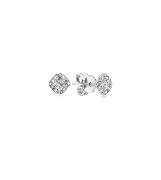 OLIVE & CHAIN Diamond Baguette and Halo Square Stud Earring - White Gold