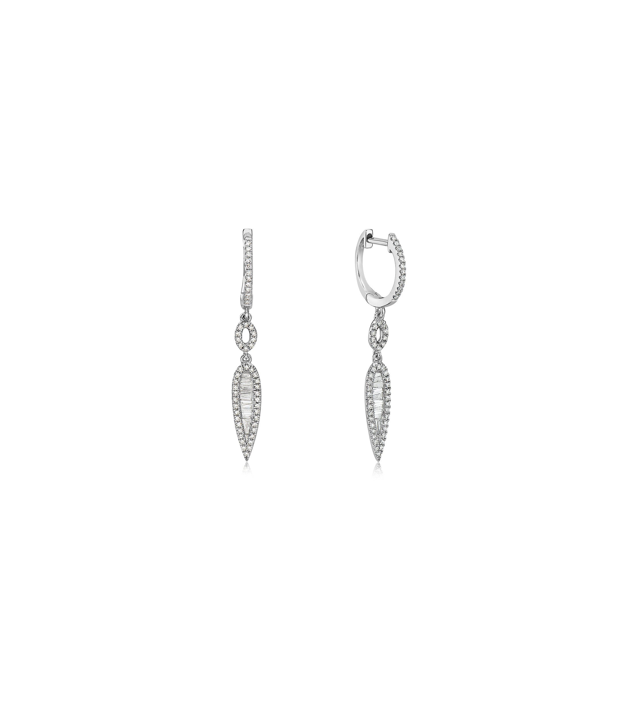 OLIVE & CHAIN Diamond Baguette & Halo Drop Earring - White Gold