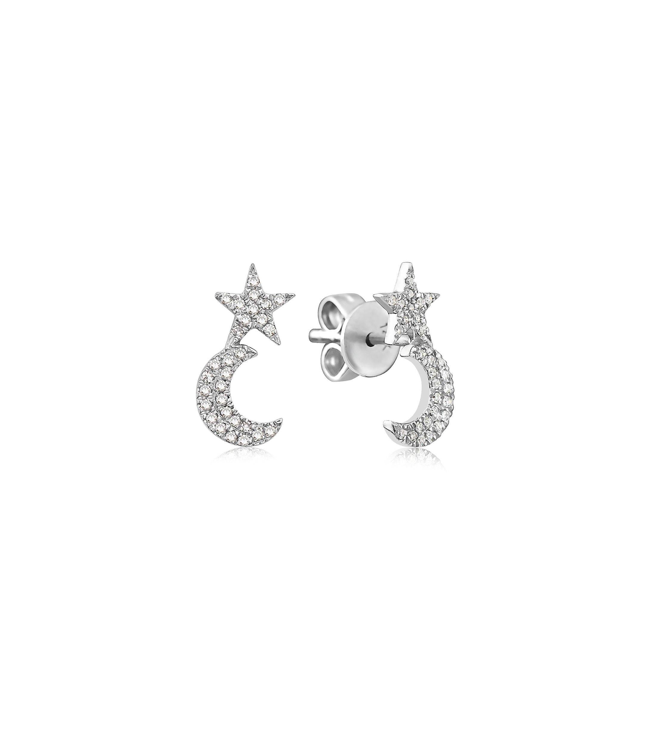 OLIVE & CHAIN Diamond Star Moon Stud Earring - White Gold